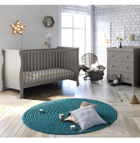 Little Acorns Sleigh 3 Piece Nursery Furniture Set - Cot Bed With Dresser - Grey