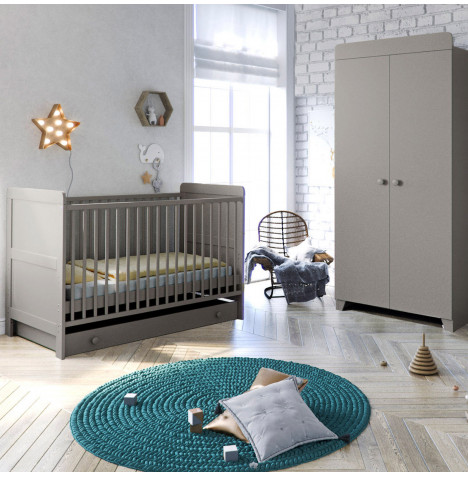 Little Acorns Classic Milano Cot Bed 4 Piece Nursery Furniture Set with Deluxe Fibre Mattress - Light Grey