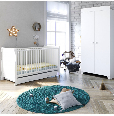 Little Acorns Sleigh Cot Bed 3 Piece Nursery Furniture Set with Deluxe 4inch Foam Mattress - White
