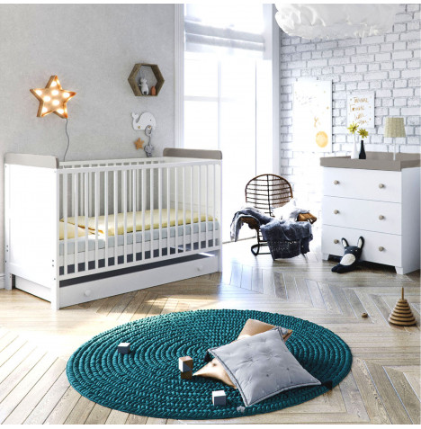 Little Acorns Classic Milano Cot Bed 3 Piece Nursery Furniture Set - White / Grey
