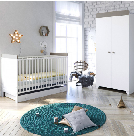 Little Acorns Classic Milano Cot Bed 3 Piece Nursery Furniture Set with Drawer - White / Grey