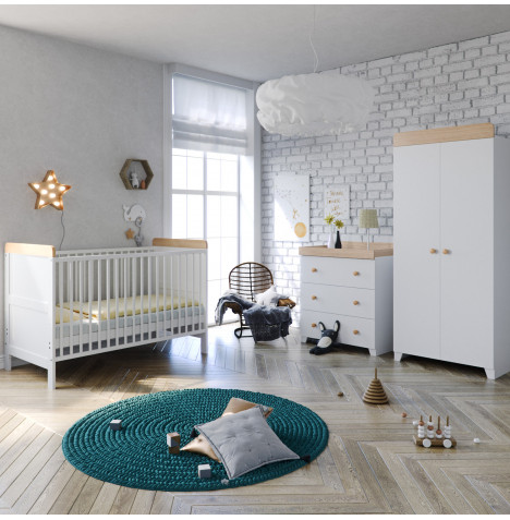 Little Acorns Classic Milano Cot Bed 4 Piece Nursery Furniture Set - White & Oak