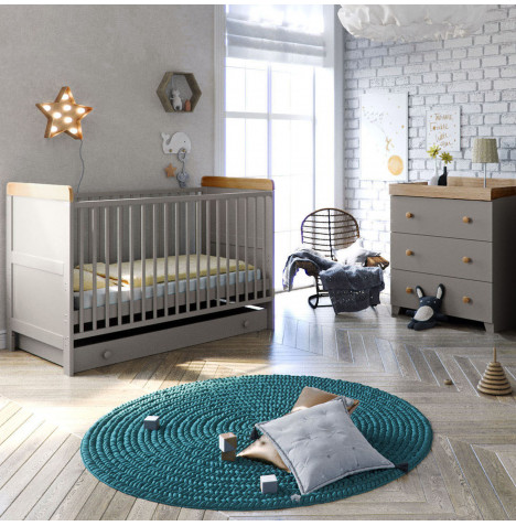 Little Acorns Classic Milano Cot Bed 4 Piece Nursery Furniture Set with Deluxe Foam Mattress - Grey / Oak