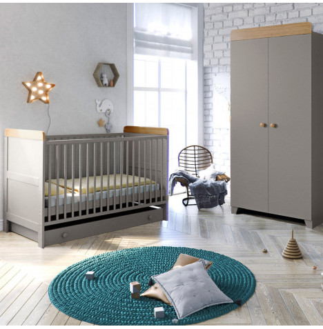 Little Acorns Classic Milano Cot Bed 3 Piece Nursery Furniture Set with Deluxe Foam Mattress - Grey / Oak