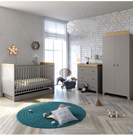 Little Acorns Classic Milano Cot Bed 4 Piece Nursery Furniture Set - Grey / Oak