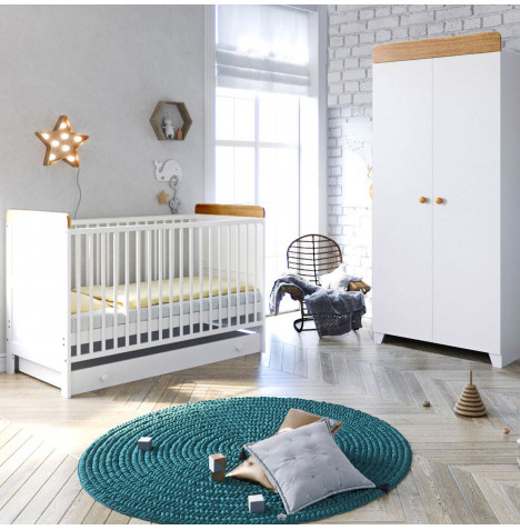 Little Acorns Classic Milano Cot Bed 3 Piece Nursery Furniture Set with Drawer - White & Oak