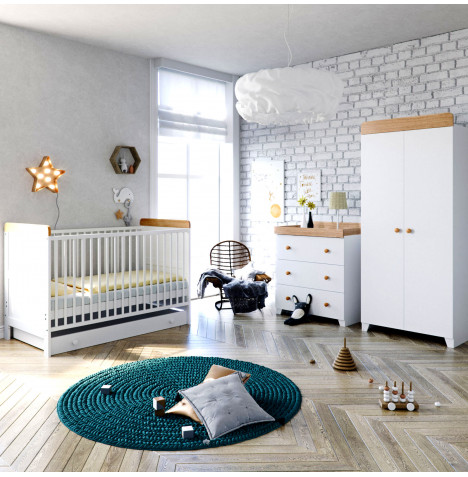 Little Acorns Classic Milano Cot Bed 6 Piece Nursery Furniture Set with Deluxe Foam Mattress - White & Oak