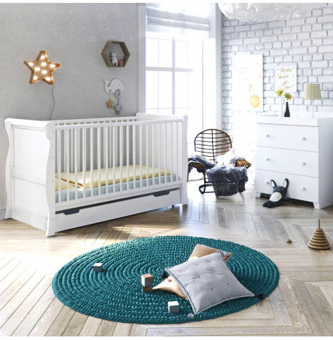 4Baby Little Acorns Sleigh Cot Bed 3 Piece Nursery Furniture Set - White