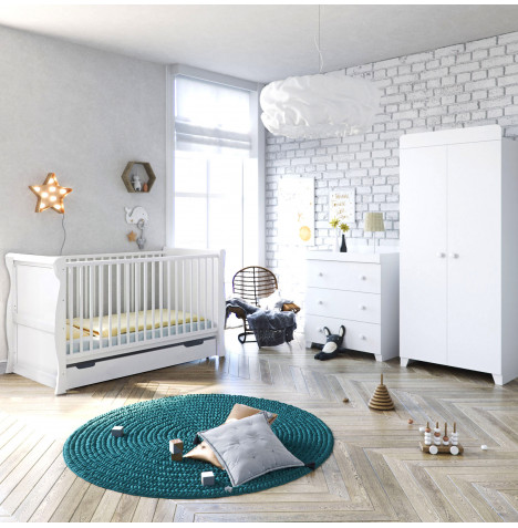4Baby Little Acorns Sleigh Cot Bed 4 Piece Nursery Furniture Set - White