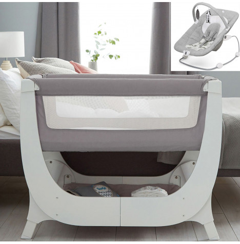 Shnuggle Air Bedside Crib & Mattress With Joie Wish Bouncer - Dove Grey