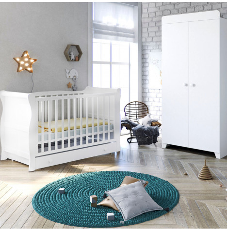 Little Acorns Sleigh Cot Bed and Wardrobe Nursery Furniture Set - White