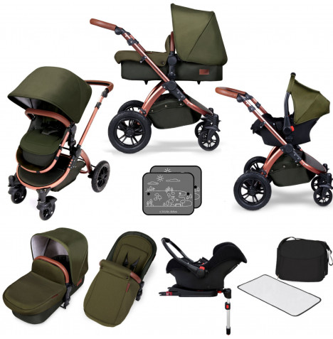 Ickle bubba Special Edition Stomp V4 All In One Travel System & ISOFIX Base Bundle- Woodland
