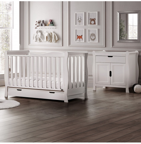 Puggle Prestbury Imperial Luxe Sleigh 5pc Nursery Furniture Set with Drawer & Fibre Mattress - White