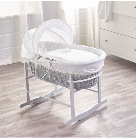 4Baby Grey Wicker Moses Basket with Rocking Stand - Elegant Little Owl White
