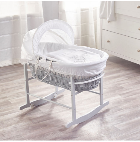 4Baby Grey Wicker Moses Basket with Rocking Stand - Elegant Teddy White