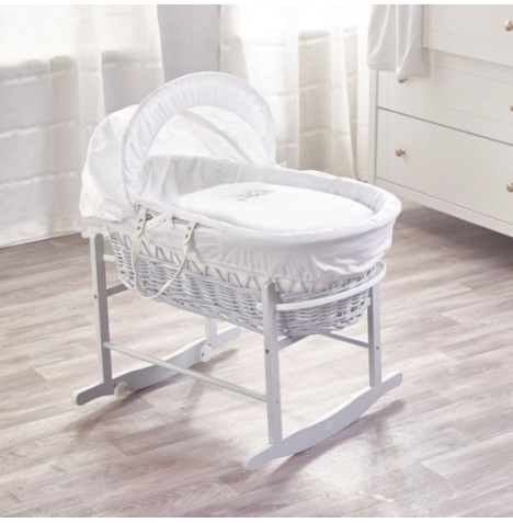 4Baby White Wicker Moses Basket with Rocking Stand - Elegant Little Owl White