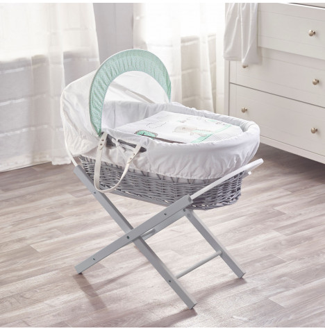 4Baby Tiny Ted Grey Wicker Moses Basket & Natural Folding Stand - White