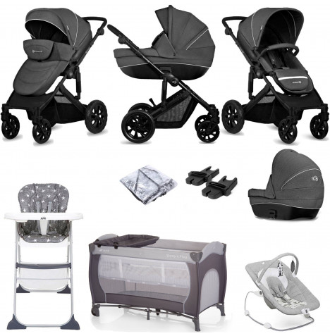 Kinderkraft Prime Lite 2in1 Pushchair Stroller Everything You Need Bundle with Carrycot - Black Anthracite