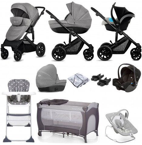 Kinderkraft Prime Lite 2in1 (Gemm Car Seat) Travel System Everything You Need Bundle with Carrycot - Grey