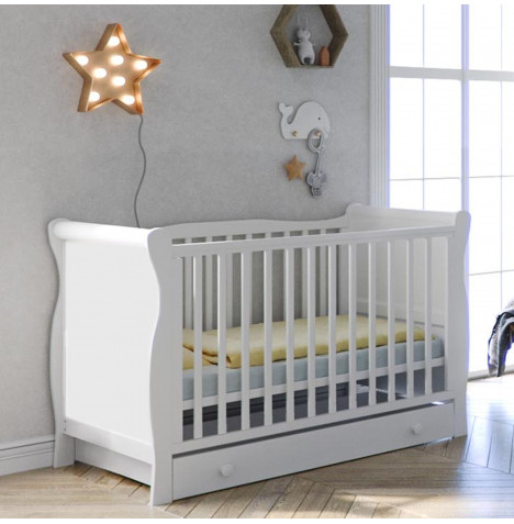 Little Acorns Chelmsford Sleigh Cot Bed with Drawer and Maxi Air Cool Mattress - White