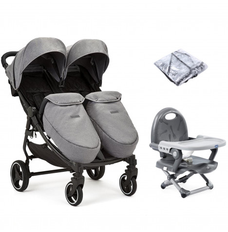 Ickle Bubba Venus Max Double Pushchair Stroller 2pc Bundle with Chicco Pocket Snack Highchair Booster Seat - Grey