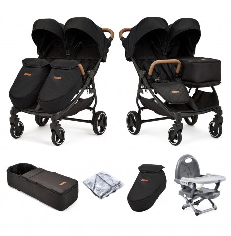 Ickle Bubba Venus Prime Double Pushchair Stroller 3pc Bundle with Cocoon and Raincover - Black