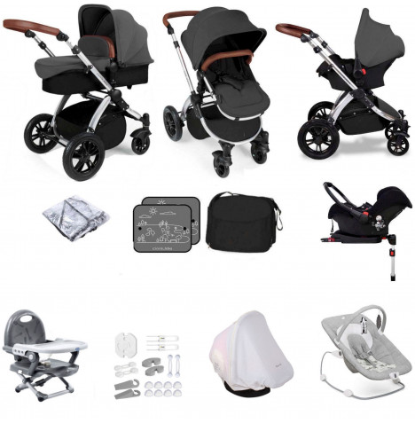 Ickle Bubba Stomp V3 37 Piece Silver (Galaxy) Everything You Need Travel System Bundle (With Base) - Graphite Grey
