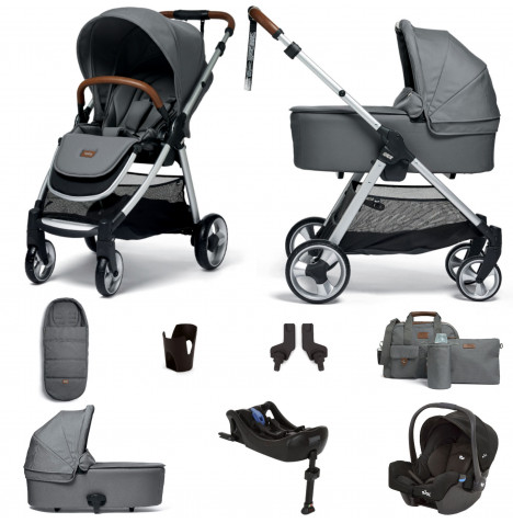 Mamas & Papas Flip XT2 8pc Essentials (Gemm Car Seat) Travel System with Carrycot & ISOFIX Base - Fossil Grey