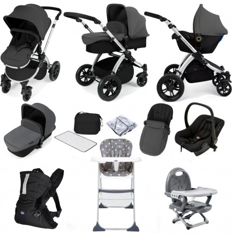 ickle bubba Stomp V2 (Silver Frame) All In One (Astral) Everything You Need Travel System Bundle - Graphite Grey