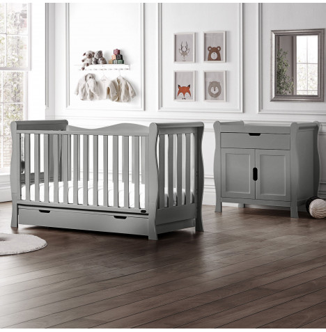 Puggle Prestbury Slatted Luxe Deluxe Sleigh 5pc Nursery Furniture Set with Drawer & Maxi Air Cool Mattress - Grey