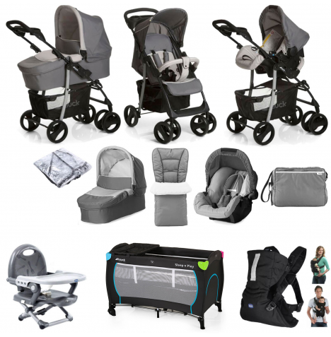Hauck Shopper SLX Trio Set with Footmuff, Changing Bag & Raincover Everything You Need Travel System Bundle - Stone / Grey