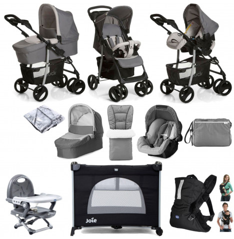 Hauck Shopper SLX Trio Set with Footmuff, Changing Bag & Raincover Everything You Need Travel System Bundle - Stone / Grey