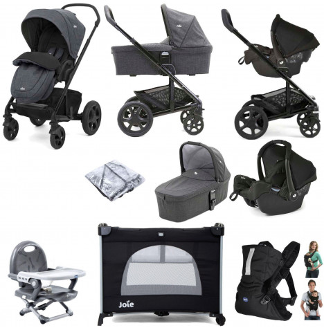 Joie Chrome DLX (Gemm) Everything You Need Travel System With Carrycot Bundle - Pavement / Ember