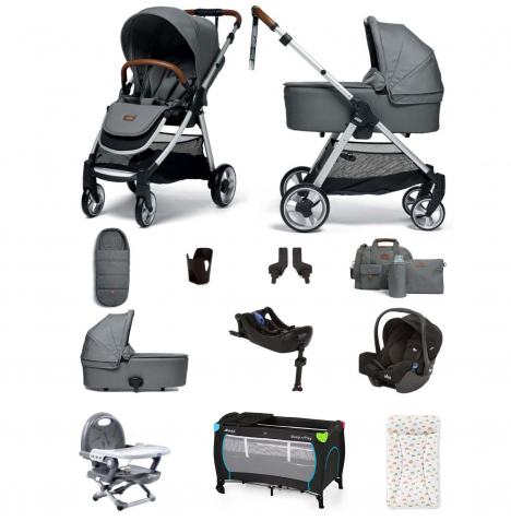 Mamas & Papas Flip XT2 12pc Essentials (Gemm Car Seat) Everything You Need Travel System Bundle with Carrycot & ISOFIX Base - Fossil Grey