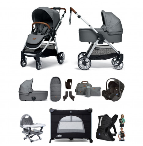 Mamas & Papas Flip XT2 10pc Essentials (Gemm Car Seat) Everything You Need Travel System Bundle with Carrycot - Fossil Grey