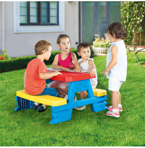 Kids Indoor & Outdoor Picnic Table For 4 - Blue/Red/Yellow (2+ Years)