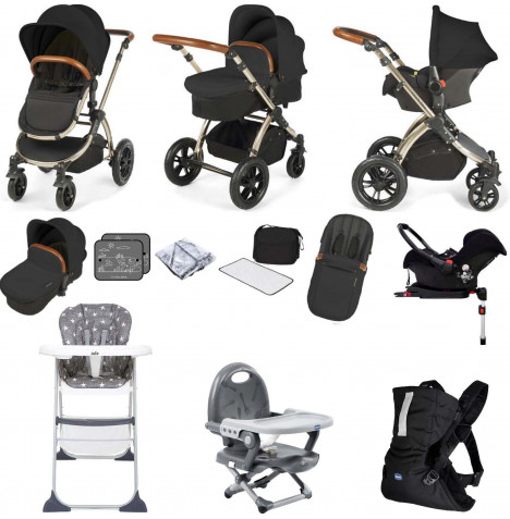 Ickle Bubba Stomp V3 Galaxy (Champagne Frame) Everything You Need Travel System Bundle - Black