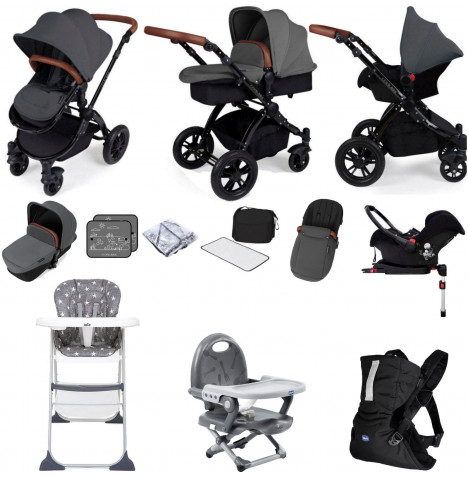 Ickle Bubba Stomp V3 Galaxy (Black Frame) Everything You Need ISOFIX Travel System Bundle - Graphite Grey
