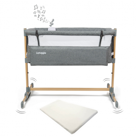 Puggle Sleepy Rocking Bedside Crib with Musical Lights and Sounds & Fitted Sheet - Graphite Grey/Wood