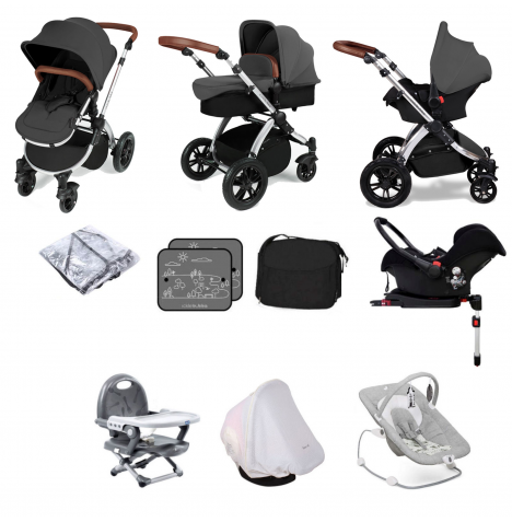 Ickle Bubba Stomp V3 11 Piece Silver (Galaxy) Everything You Need Travel System Bundle (With Base) - Graphite Grey
