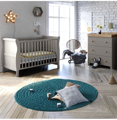 Puggle Alderley Sleigh Cot Bed 4 Piece Nursery Furniture Set With Deluxe 5inch Maxi Air Cool Mattress  - Grey & Oak
