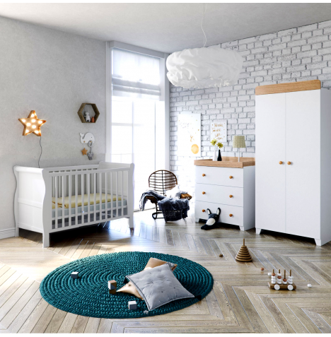 Puggle Alderley Sleigh Cot Bed 5 Piece Nursery Furniture Set With Deluxe 5inch Maxi Air Cool Mattresss - White & Oak