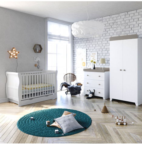 Puggle Alderley Sleigh Cot Bed 5 Piece Nursery Furniture Set With Drawer - White & Grey