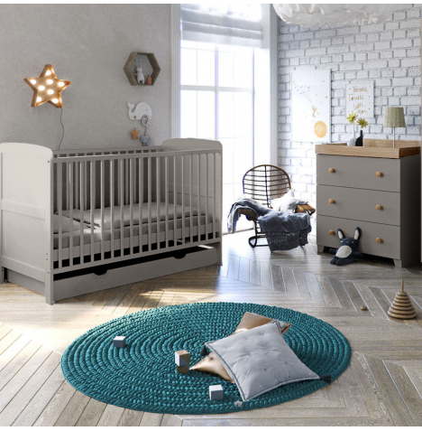 Puggle Henbury Cot Bed 5 Piece Nursery Furniture Set With Deluxe 5inch Maxi Air Cool Mattress  - Grey & Oak