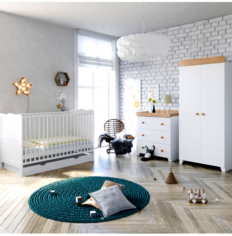 Puggle Henbury Bed 5 Piece Nursery Furniture Set With Drawer - White & Oak