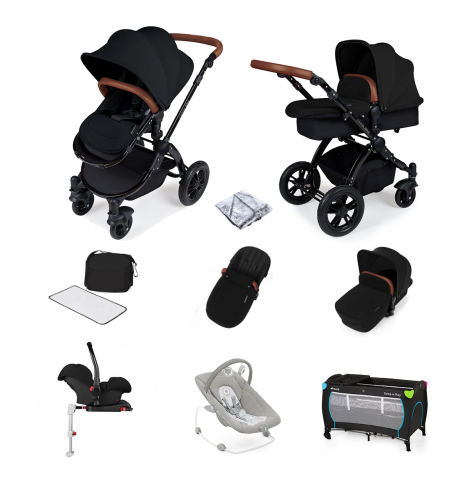 ickle bubba Stomp V3 (Black Frame) All In One 9 Piece Travel System Bundle with Isofix Base - Black