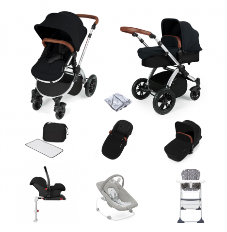ickle bubba Stomp V3 (Silver Frame) All In One 9 Piece Travel System Bundle with Isofix Base - Black