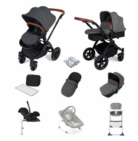 ickle bubba Stomp V3 (Black Frame) All In One 9 Piece Travel System Bundle with Isofix Base - Graphite Grey