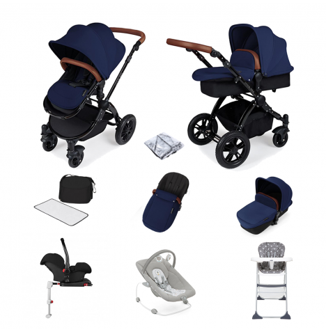 ickle bubba Stomp V3 (Black Frame) All In One 9 Piece Travel System Bundle with Isofix Base - Navy