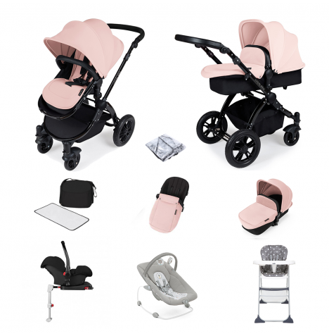 ickle bubba Stomp V3 (Black Frame) All In One 9 Piece Travel System Bundle with Isofix Base - Pink